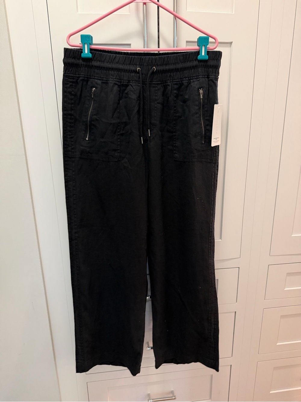 Athleta 14 Cabo Linen Wide Leg Black Drawstring Pants with Zip Pockets